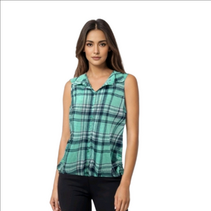 Ladies Casual Top Blue Plaid Size Medium